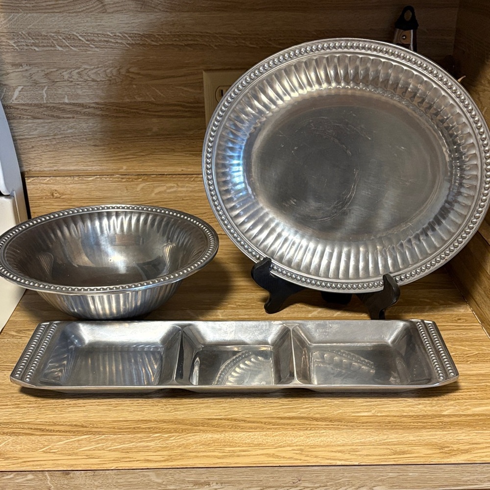 Metal Serving Platter, Bowl and 3-Compartment Tray - Silver (Wilton Armetale)
